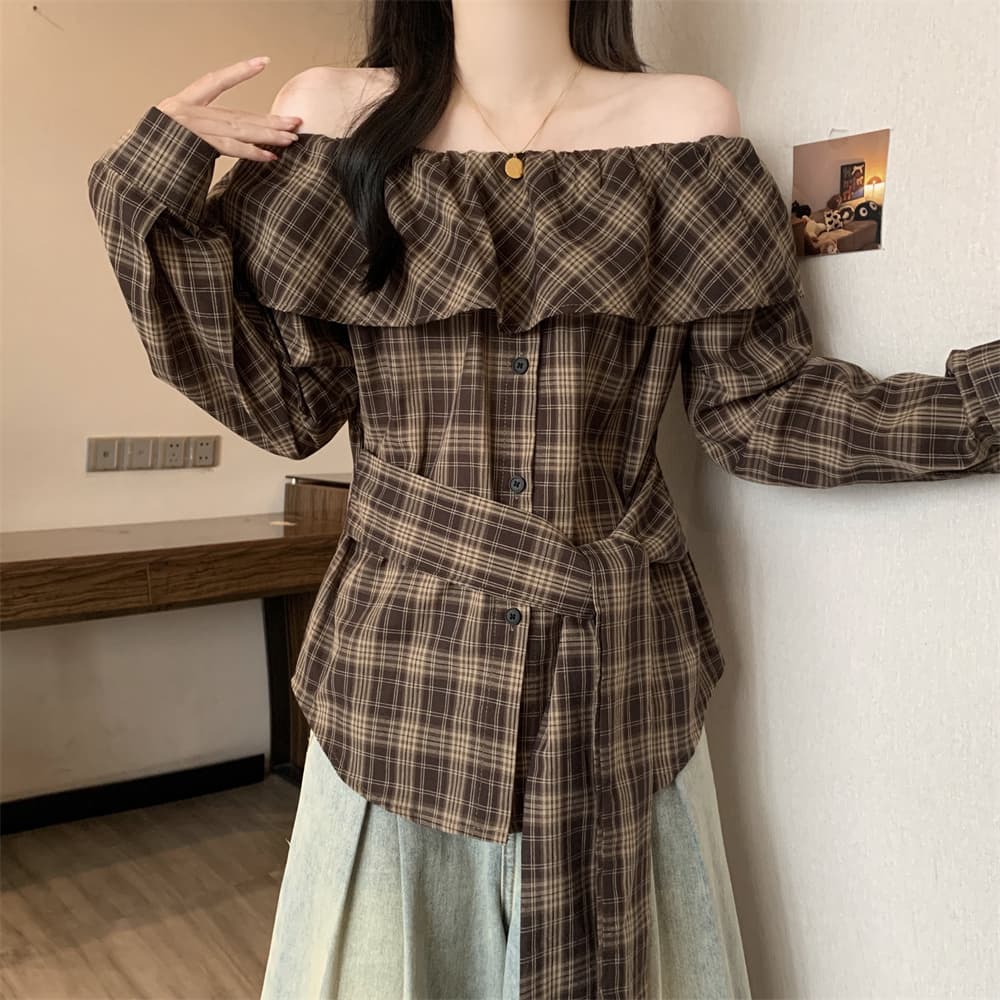 실사 빅 사이즈 여성 의류 봄 체크무늬 오프숄더 프릴 칼라 긴팔 여성 셔츠 스트랩 허리 수축 슬림해 보이는 여성 상세 이미지 18