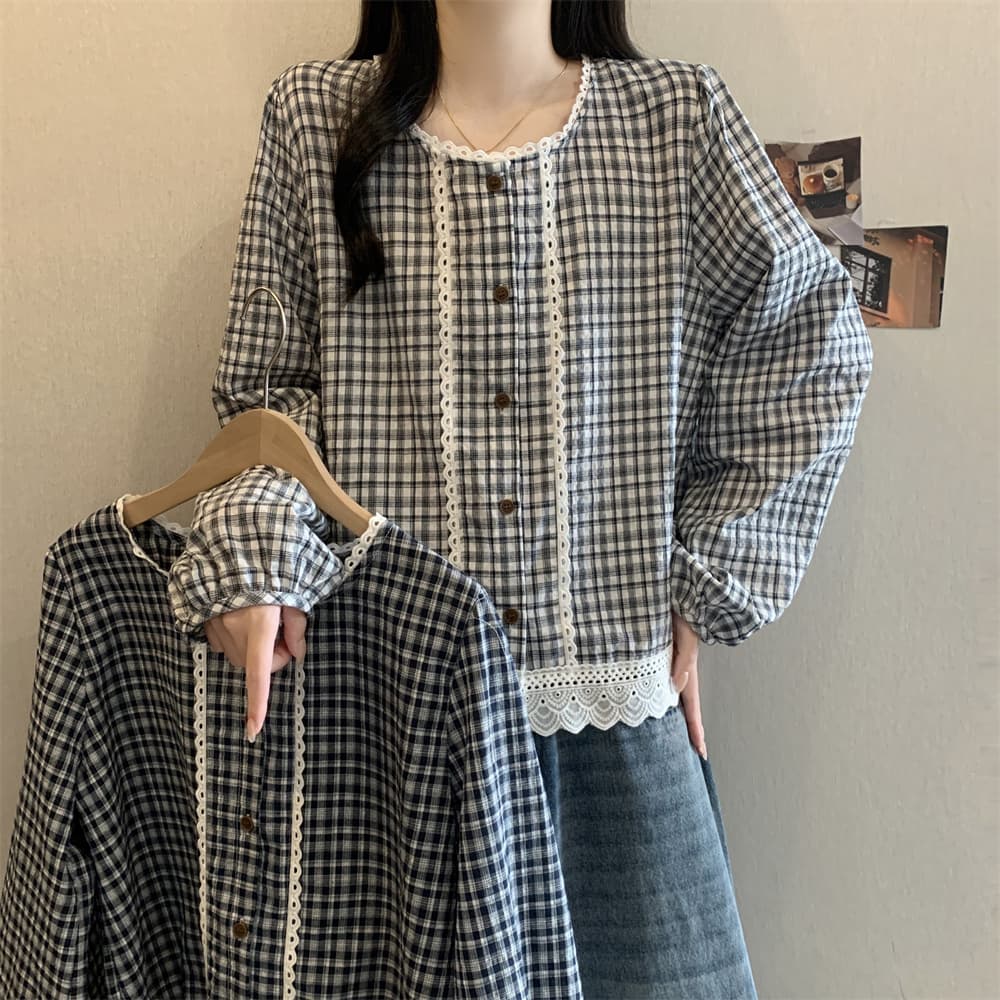 실사 빅 사이즈 여성 의류 봄 체크무늬 레이스 긴팔 셔츠 여성 작은 청신 학원 스타일 스트레이트 제인 셔츠 지방 mm 트렌디 상세 이미지 2