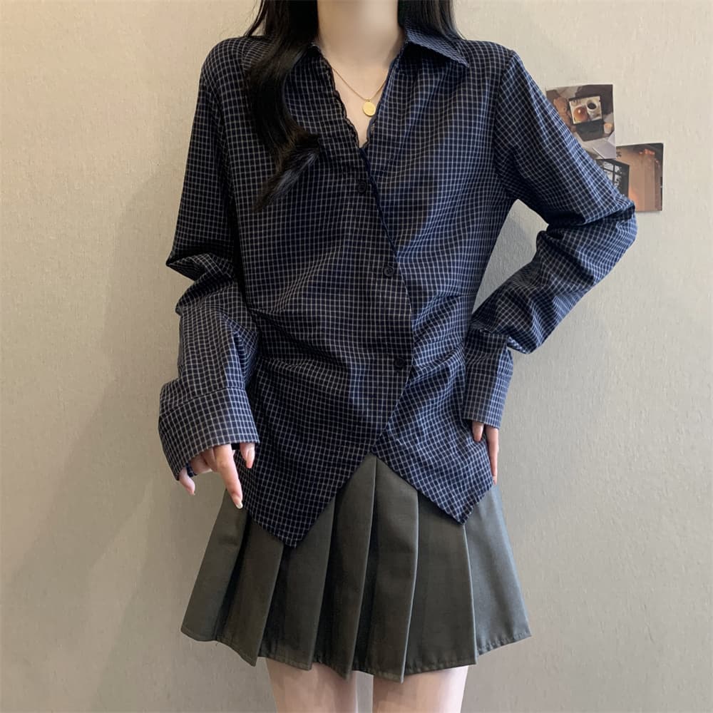 실사 빅 사이즈 여성 의류 봄 POLO 칼라 긴팔 여성 셔츠 레트로 체크무늬 패치워크 레이스 불규칙 셔츠 상세 이미지 3