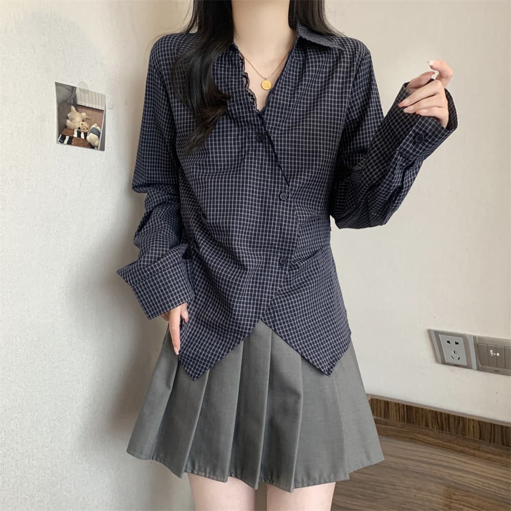 실사 빅 사이즈 여성 의류 봄 POLO 칼라 긴팔 여성 셔츠 레트로 체크무늬 패치워크 레이스 불규칙 셔츠 상세 이미지 6