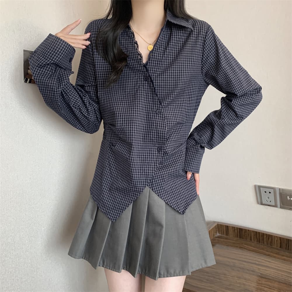 실사 빅 사이즈 여성 의류 봄 POLO 칼라 긴팔 여성 셔츠 레트로 체크무늬 패치워크 레이스 불규칙 셔츠 상세 이미지 7
