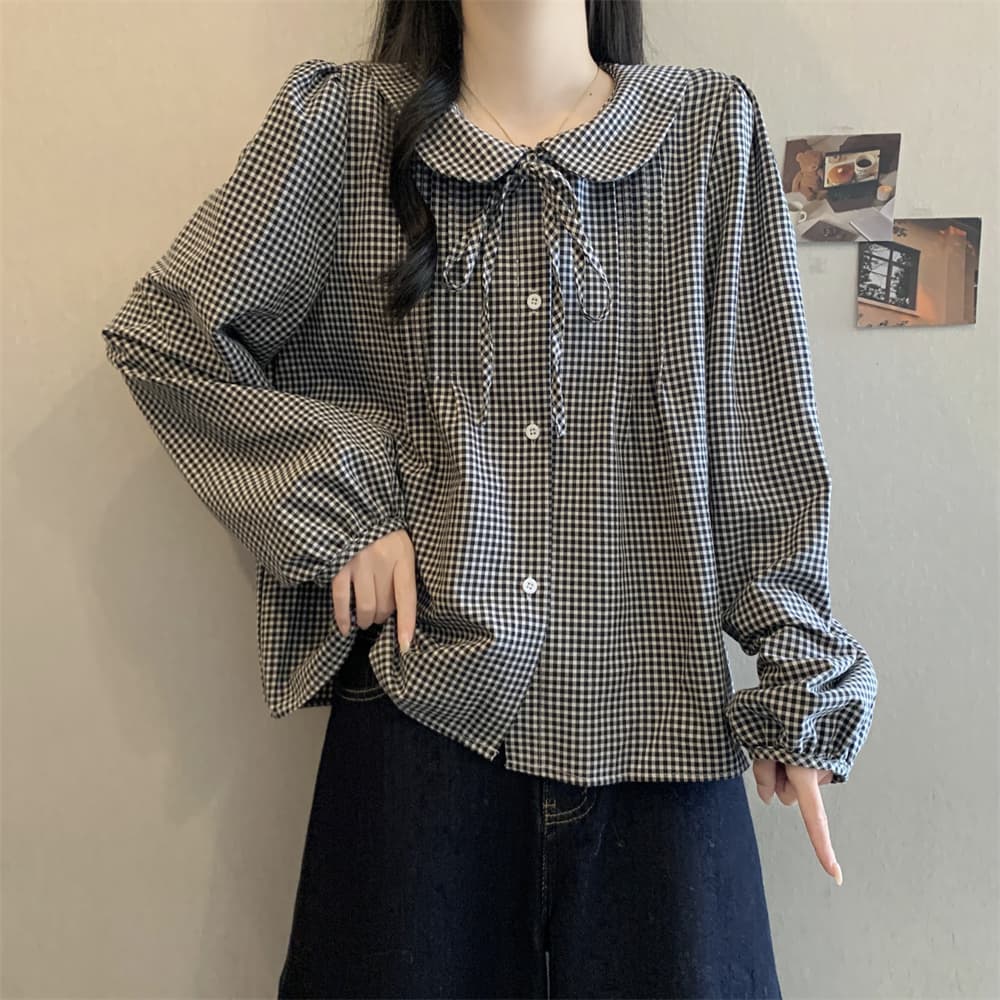 실사 빅 사이즈 여성 의류 가을 한 부서 작은 청신 연령 감소 체크무늬 베이비 칼라 긴팔 새로운 여성 셔츠 루즈핏 섹션 상세 이미지 4