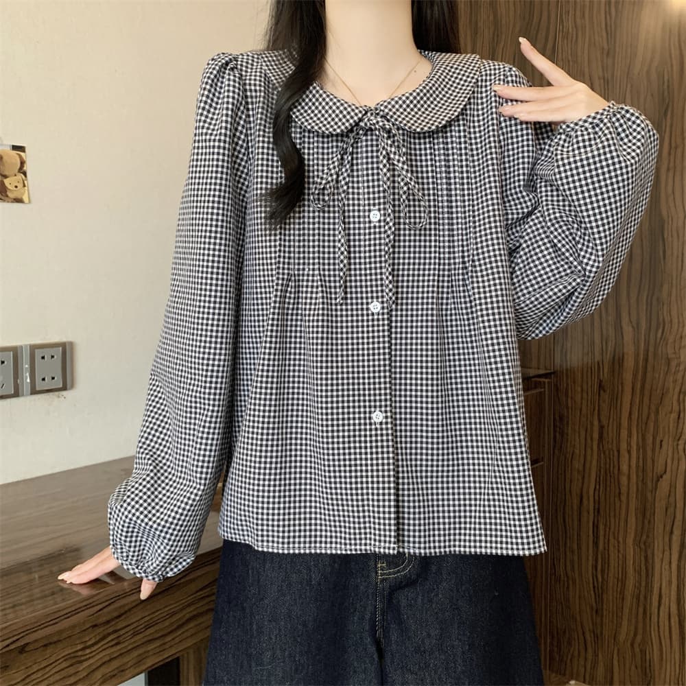실사 빅 사이즈 여성 의류 가을 한 부서 작은 청신 연령 감소 체크무늬 베이비 칼라 긴팔 새로운 여성 셔츠 루즈핏 섹션 상세 이미지 5