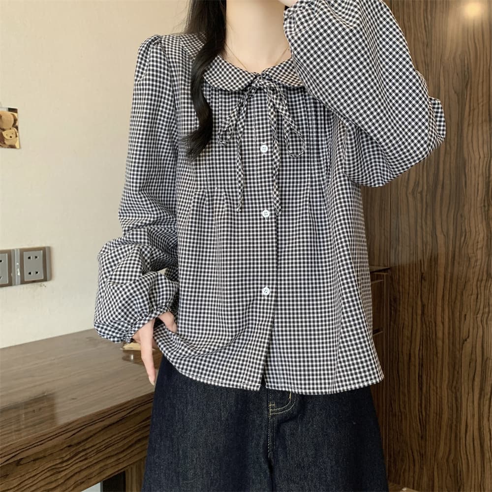 실사 빅 사이즈 여성 의류 가을 한 부서 작은 청신 연령 감소 체크무늬 베이비 칼라 긴팔 새로운 여성 셔츠 루즈핏 섹션 상세 이미지 6