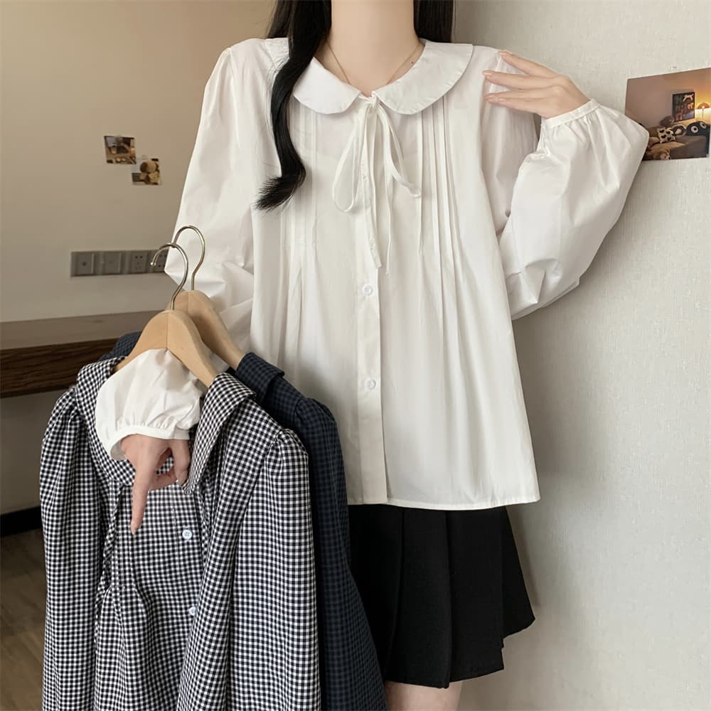 실사 빅 사이즈 여성 의류 가을 한 부서 작은 청신 연령 감소 체크무늬 베이비 칼라 긴팔 새로운 여성 셔츠 루즈핏 섹션 상세 이미지 18