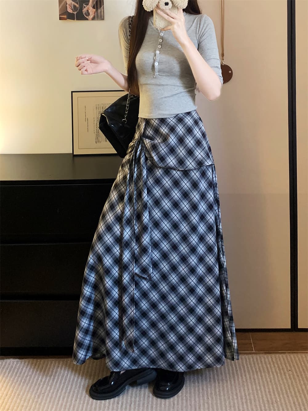 실사 빅 사이즈 여성 의류 여름 새로운 체크무늬 한 마디 반신 스커트 한 부서 하이웨이스트 슬림해 보이는 나비 넥타이 롱 스커트 상세 이미지 8