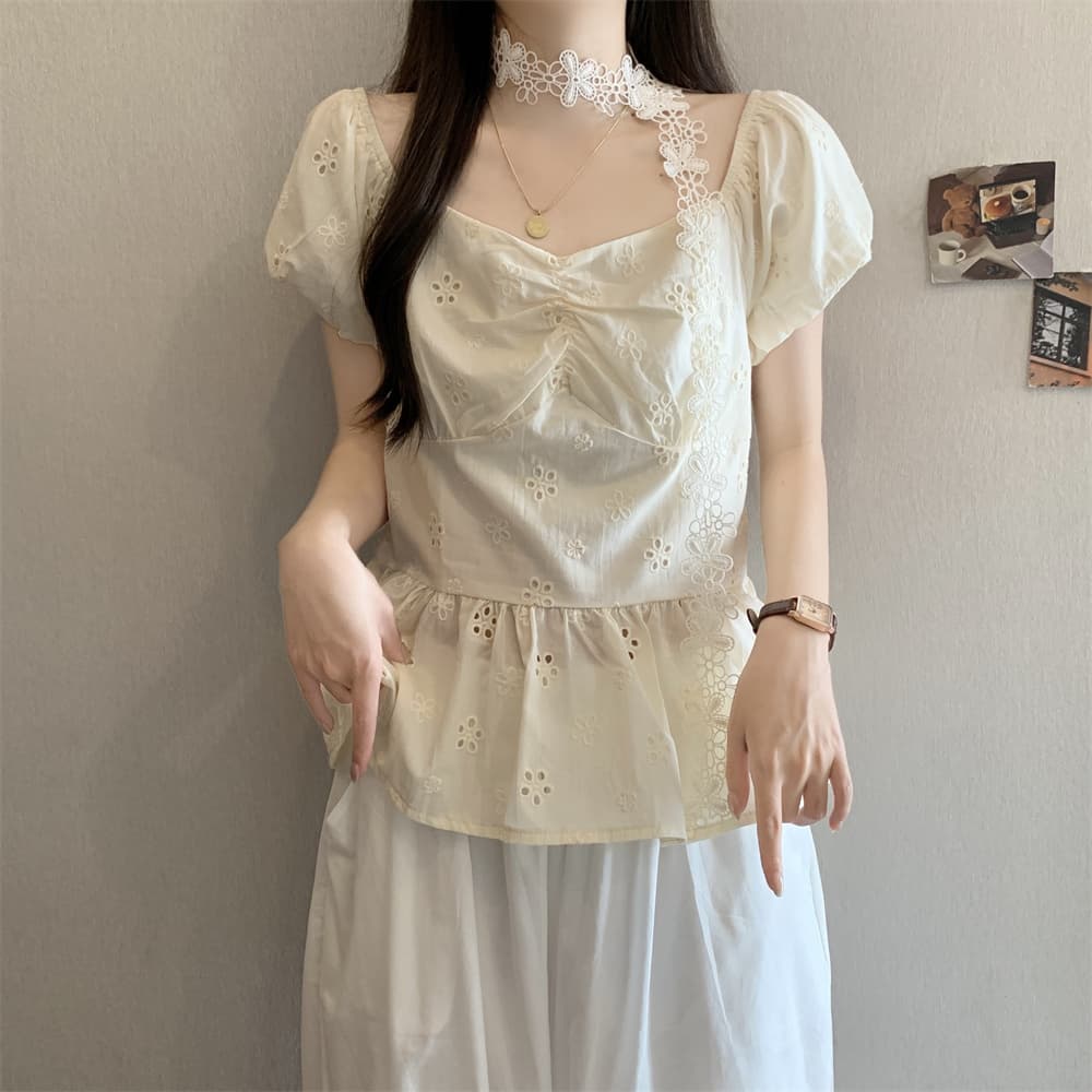 실사 빅 사이즈 여성 의류 여름 새로운 반팔 맨위 여성 한 부서 달콤함 레이스 자수 자수 셔츠 이후 밴딩 상세 이미지 5