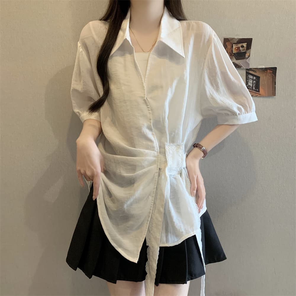 실사 빅 사이즈 여성 의류 여름 POLO 칼라 반팔 셔츠 여성 불규칙 측면 스트랩 허리 수축 슬림해 보이는 맨위 Chic 이미지 6