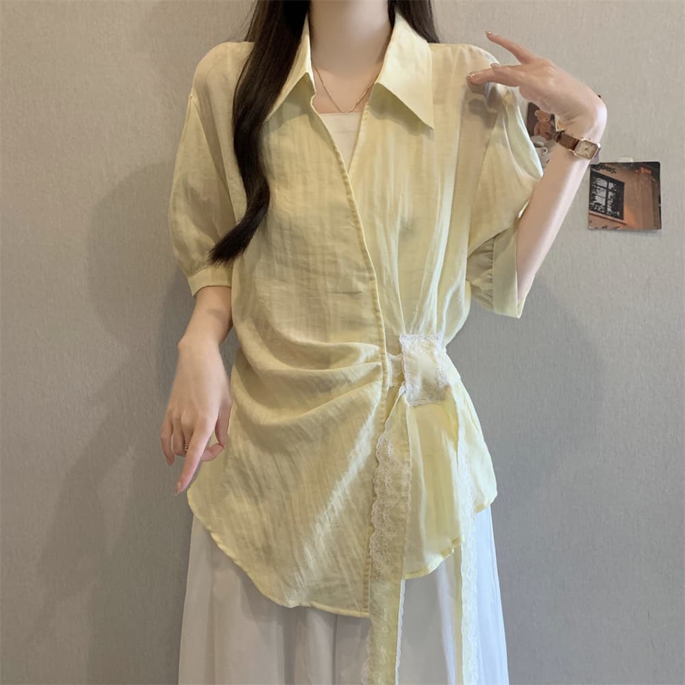 실사 빅 사이즈 여성 의류 여름 POLO 칼라 반팔 셔츠 여성 불규칙 측면 스트랩 허리 수축 슬림해 보이는 맨위 Chic 이미지 3
