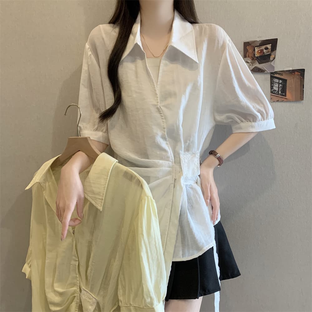 실사 빅 사이즈 여성 의류 여름 POLO 칼라 반팔 셔츠 여성 불규칙 측면 스트랩 허리 수축 슬림해 보이는 맨위 Chic 상세 이미지 2