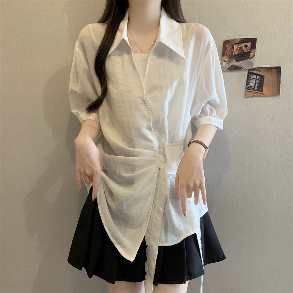 실사 빅 사이즈 여성 의류 여름 POLO 칼라 반팔 셔츠 여성 불규칙 측면 스트랩 허리 수축 슬림해 보이는 맨위 Chic 상세 이미지 4