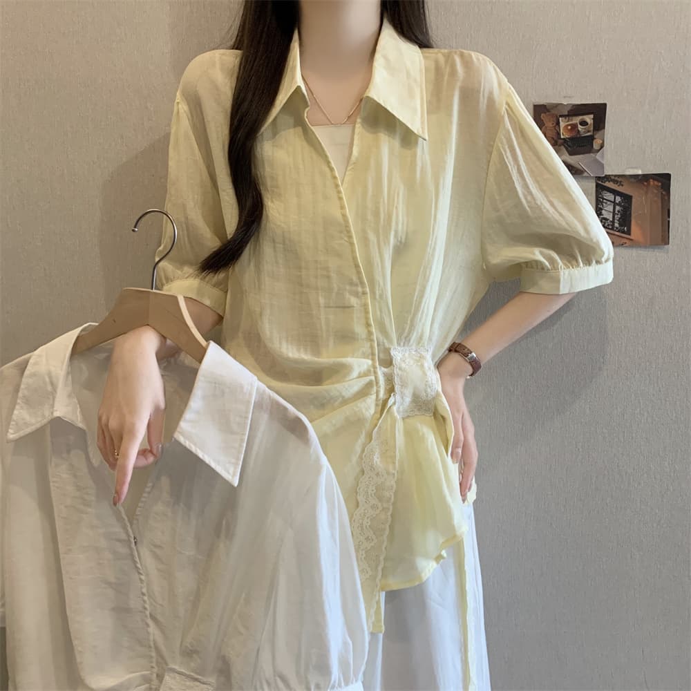 실사 빅 사이즈 여성 의류 여름 POLO 칼라 반팔 셔츠 여성 불규칙 측면 스트랩 허리 수축 슬림해 보이는 맨위 Chic 상세 이미지 11