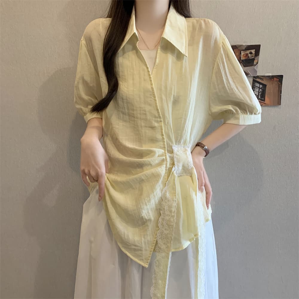 실사 빅 사이즈 여성 의류 여름 POLO 칼라 반팔 셔츠 여성 불규칙 측면 스트랩 허리 수축 슬림해 보이는 맨위 Chic 상세 이미지 12