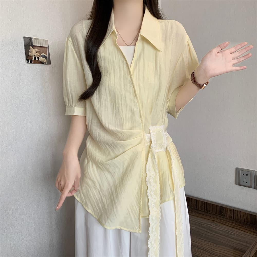 실사 빅 사이즈 여성 의류 여름 POLO 칼라 반팔 셔츠 여성 불규칙 측면 스트랩 허리 수축 슬림해 보이는 맨위 Chic 상세 이미지 18