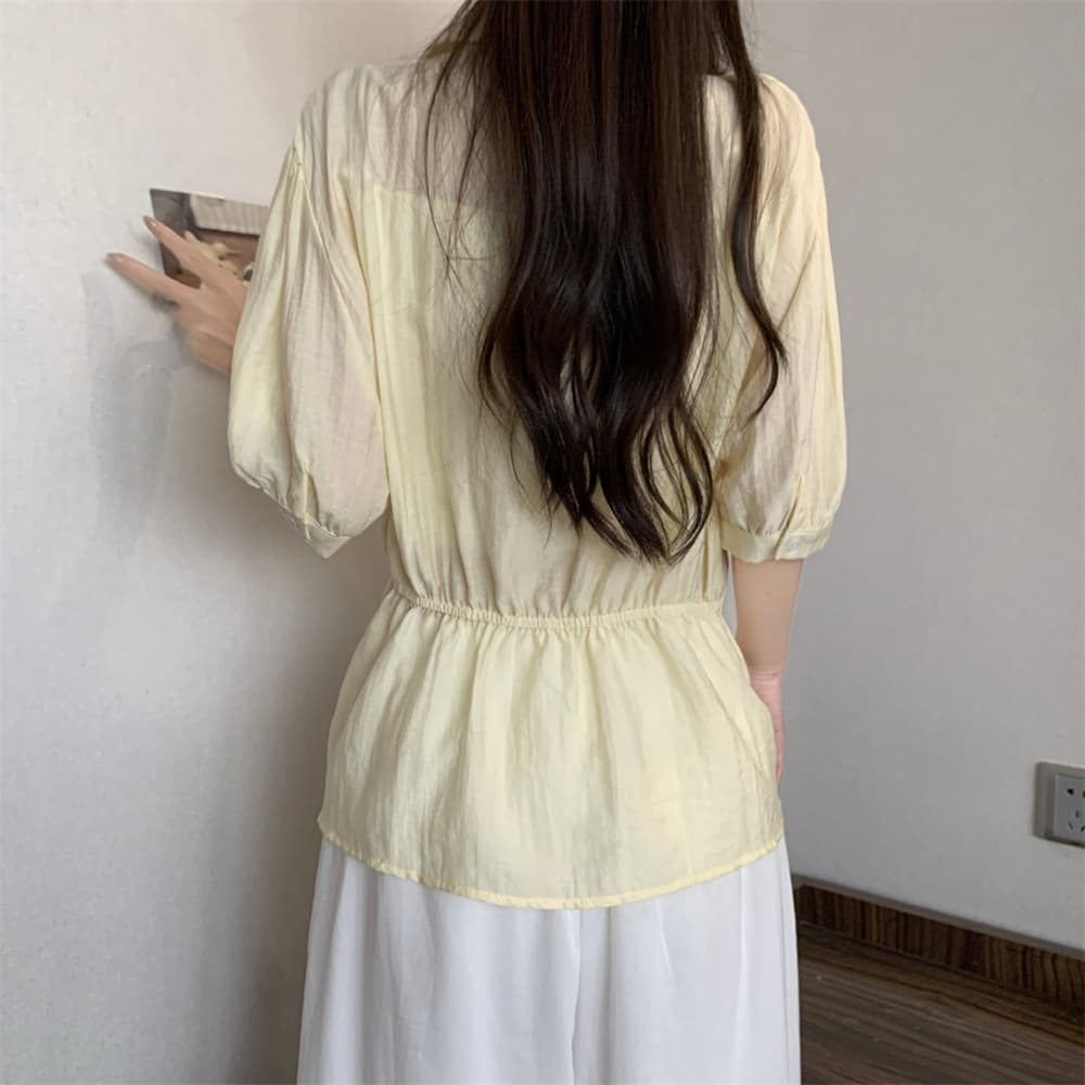 실사 빅 사이즈 여성 의류 여름 POLO 칼라 반팔 셔츠 여성 불규칙 측면 스트랩 허리 수축 슬림해 보이는 맨위 Chic 상세 이미지 19