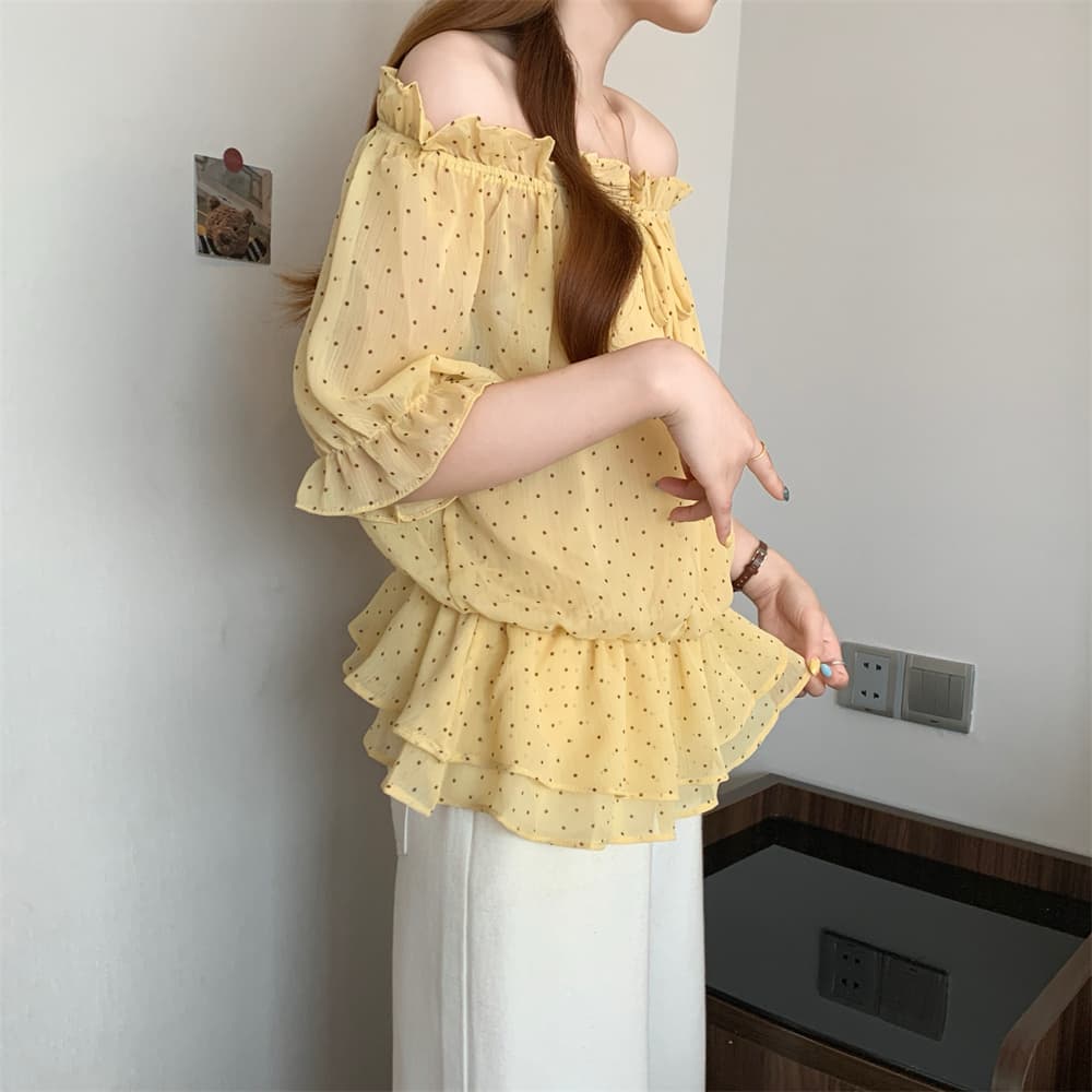 실사 빅 사이즈 여성 의류 여름 새로운 반팔 맨위 여성 쉬폰 조금 오프숄더 거품 소매 허리 수축 여성 셔츠 상세 이미지 22