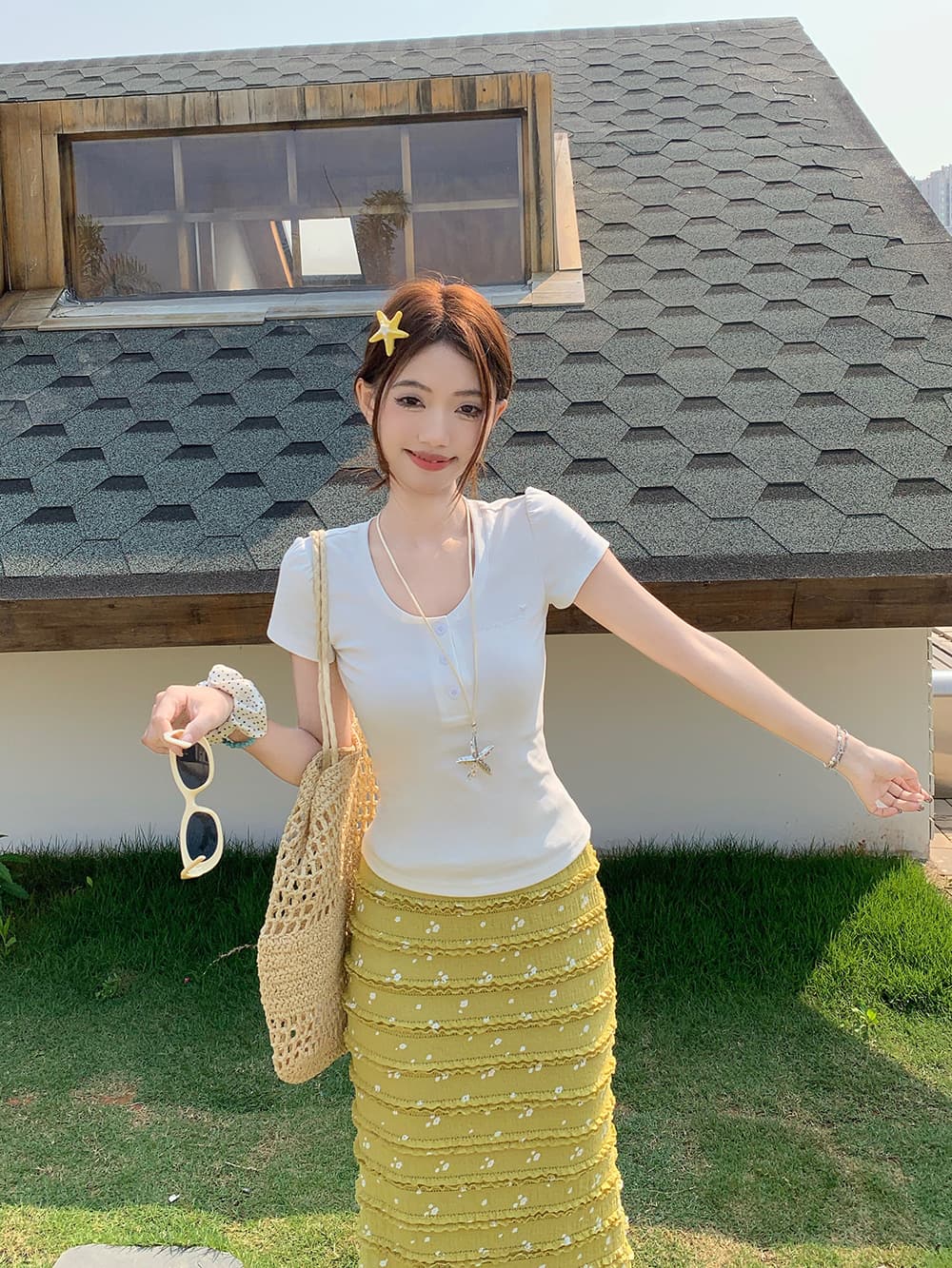 빅 사이즈 여성 의류 프릴 레이스 드레스 인어 꼬리 반신 스커트 거품 소매 티셔츠 여성 몸매 가꾸기 반팔 맨위 세트 상세 이미지 23