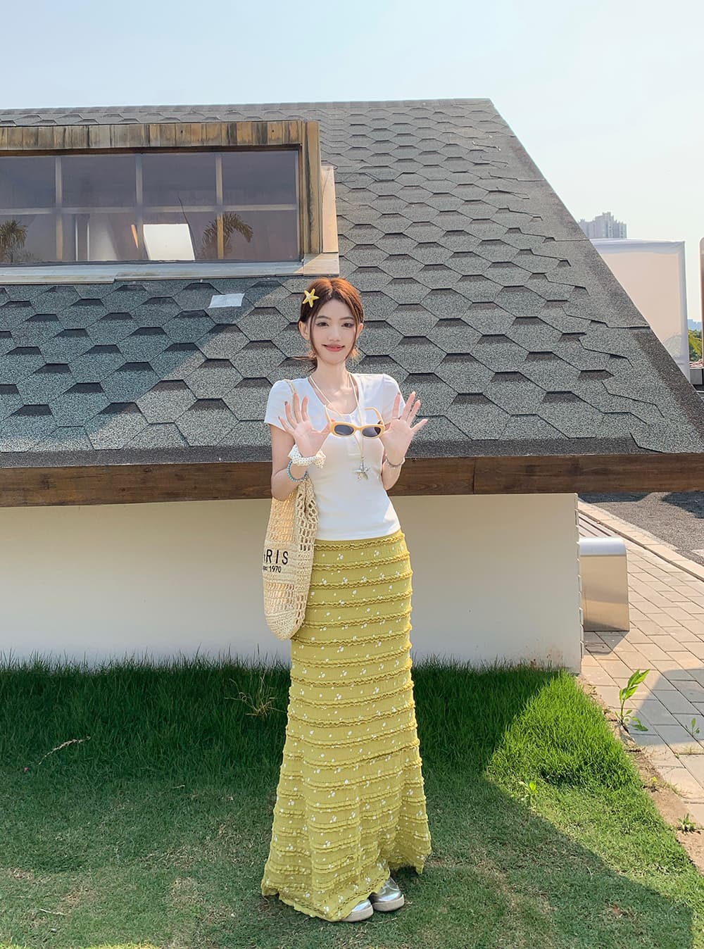 빅 사이즈 여성 의류 프릴 레이스 드레스 인어 꼬리 반신 스커트 거품 소매 티셔츠 여성 몸매 가꾸기 반팔 맨위 세트 상세 이미지 25