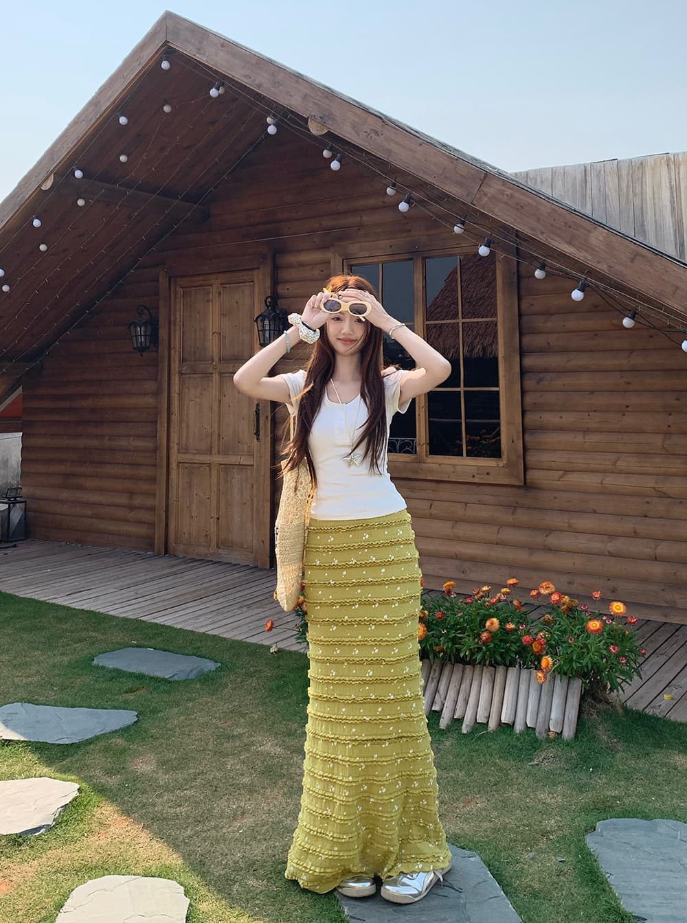 빅 사이즈 여성 의류 프릴 레이스 드레스 인어 꼬리 반신 스커트 거품 소매 티셔츠 여성 몸매 가꾸기 반팔 맨위 세트 상세 이미지 27