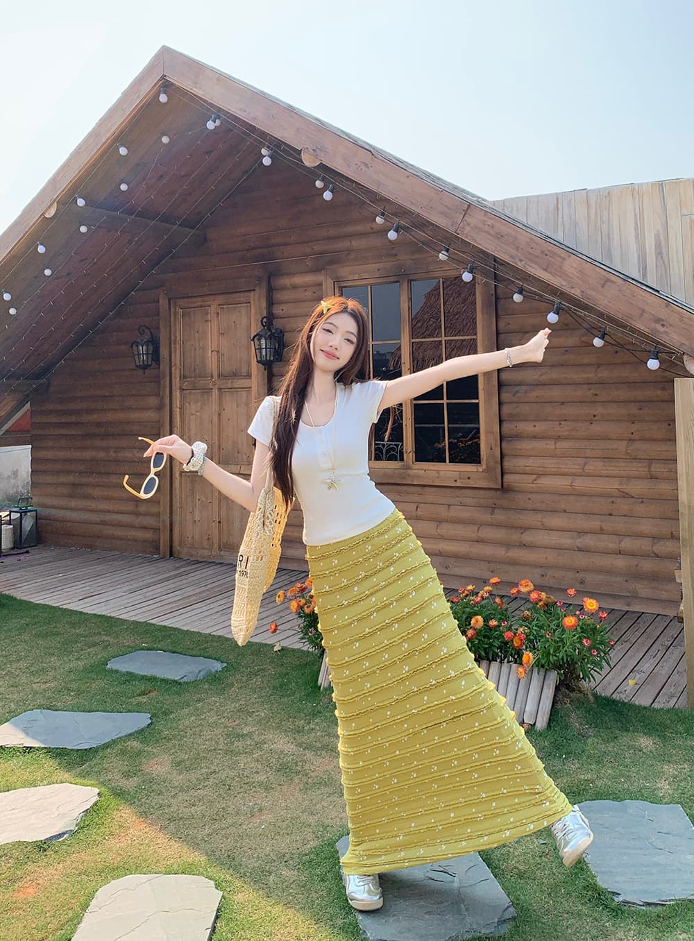 빅 사이즈 여성 의류 프릴 레이스 드레스 인어 꼬리 반신 스커트 거품 소매 티셔츠 여성 몸매 가꾸기 반팔 맨위 세트 상세 이미지 29