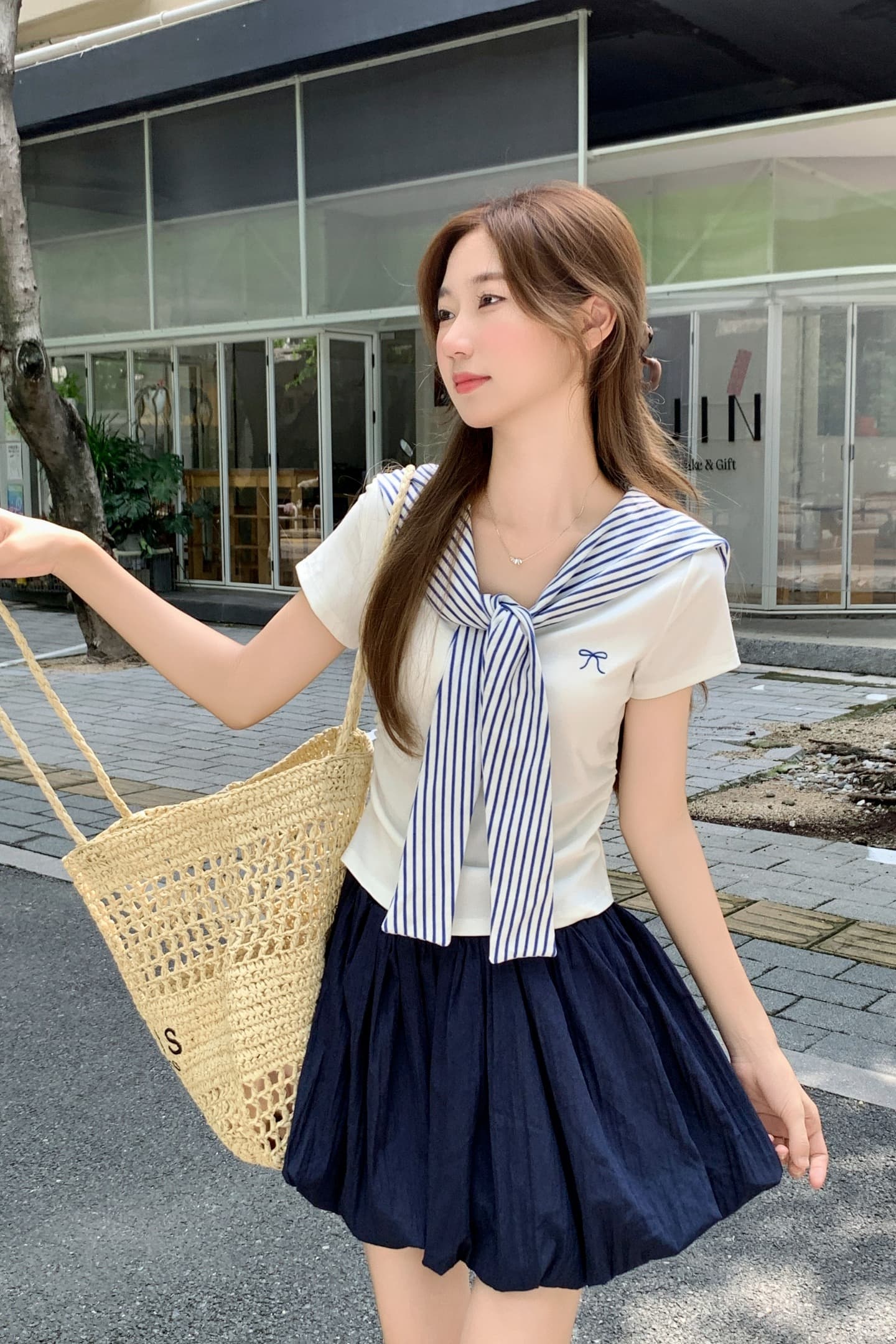 빅 사이즈 여성 의류 여름 해군 칼라 반팔 티셔츠 여성 페이크 레이어드 숄 한국 스타일 몸매 가꾸기 쇼트 스타일 달콤한 매운맛 맨위 트렌디 이미지 3