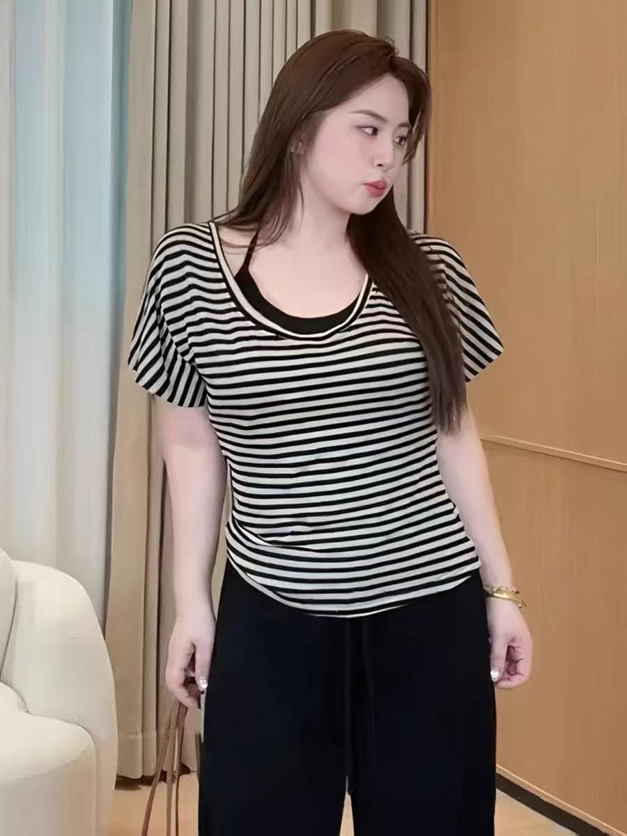 빅 사이즈 여성 의류 아메리칸 레트로 스트라이프 비스듬한 어깨 반팔 티셔츠 행침 목 슬립 두 조각 여성 세트 여름 지방 mm 슬림해 보이는 상세 이미지 6