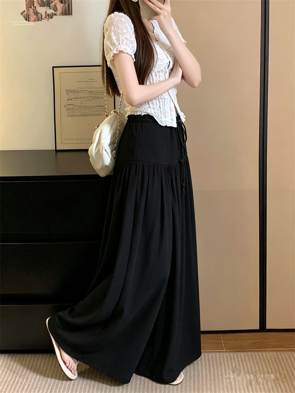 빅 사이즈 여성 의류 여름 캐주얼 와이드 레그 팬츠 치마 여성 하이웨이스트 루즈핏 표지 십자가 슬림해 보이는 바닥 청소 바지 느긋한 도루 센스 바지 상세 이미지 3