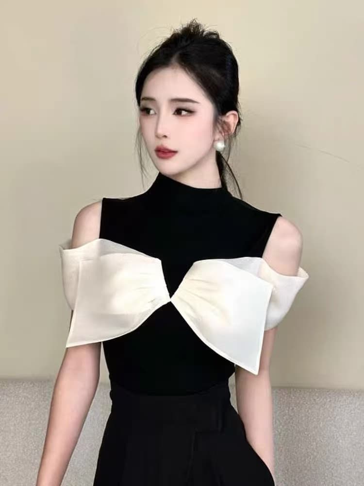 빅 사이즈 여성 의류 여름 새로운 검정색 명중 나비 매듭 오프숄더 반팔 캐주얼 여성 슬림해 보이는 외국 가스 고급 센스 맨위 상세 이미지 2