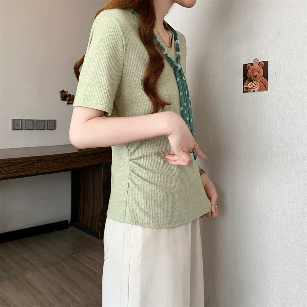 실사 빅 사이즈 여성 의류 스카프 레이스업 녹색 V넥 반팔 티셔츠 여성 여름 지방 mm 허리 수축 슬림해 보이는 쇼트 스타일 맨위 상세 이미지 11