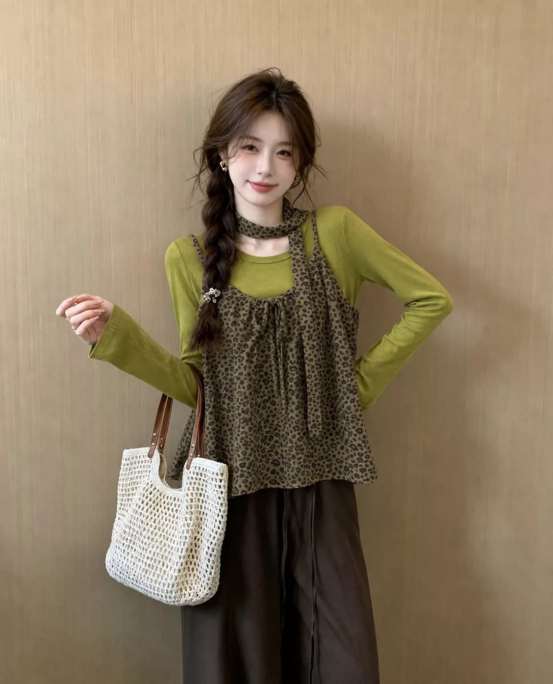빅 사이즈 여성 의류 가을 한 부서 레오파드 무늬 캐미솔 긴팔 티셔츠 투피스 슈트 여성 의류 슬림해 보이는 다용도 맨위 이미지 3