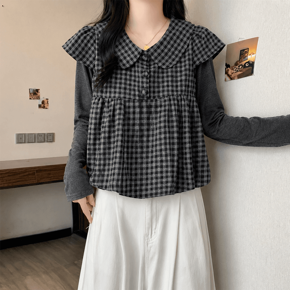 실사 빅 사이즈 여성 의류 가을 새로운 학원 스타일 레트로 체크무늬 베이비 칼라 긴팔 맨위 티셔츠 투피스 세트 상세 이미지 4