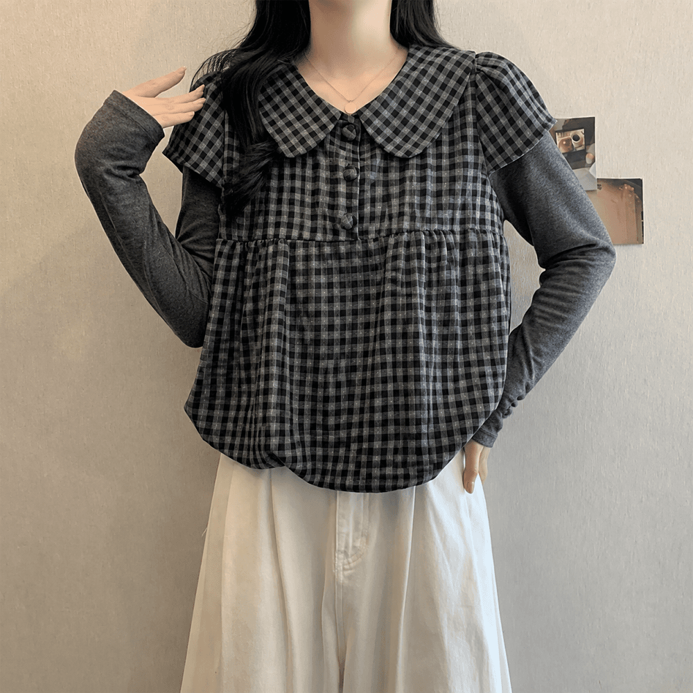 실사 빅 사이즈 여성 의류 가을 새로운 학원 스타일 레트로 체크무늬 베이비 칼라 긴팔 맨위 티셔츠 투피스 세트 상세 이미지 7