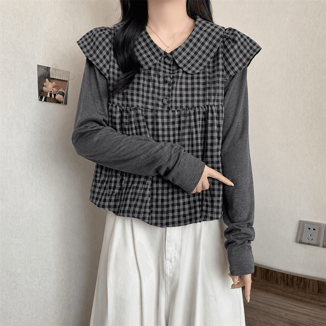 실사 빅 사이즈 여성 의류 가을 새로운 학원 스타일 레트로 체크무늬 베이비 칼라 긴팔 맨위 티셔츠 투피스 세트 상세 이미지 6