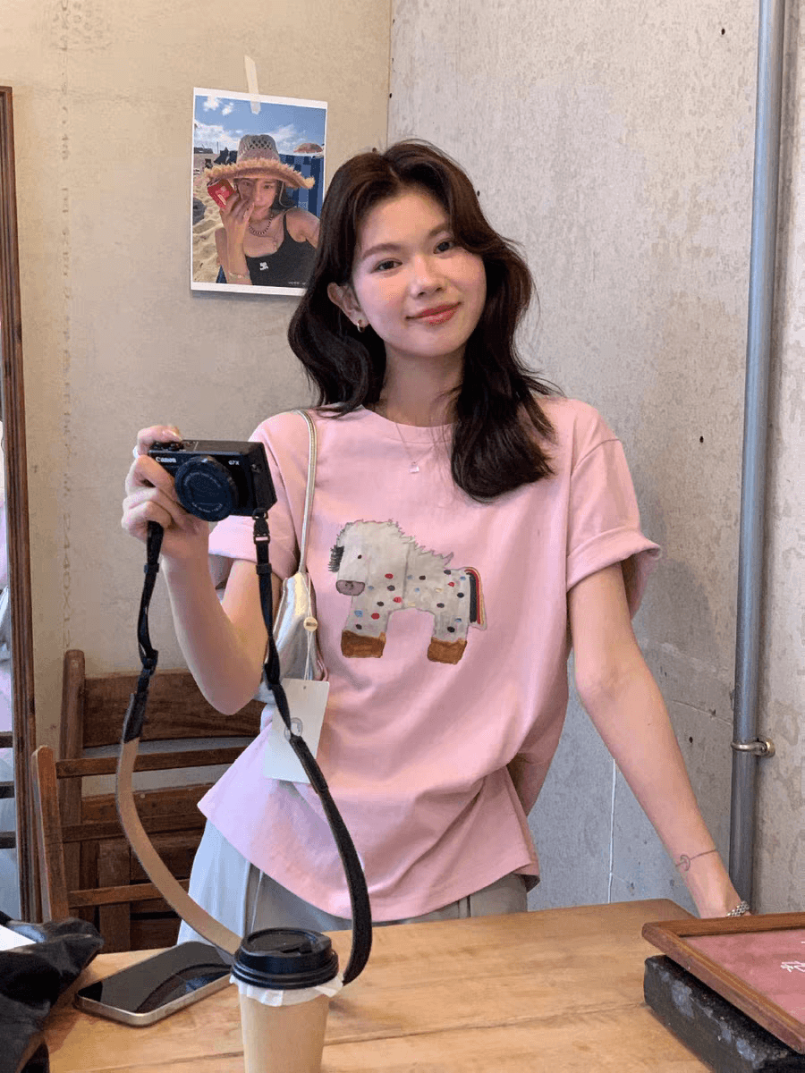 200그램 귀신 장난기 넘치는 작은 말 프린트 연령 감소 루즈핏 반팔 티셔츠 라운드 넥 맨위 여름 이미지 2