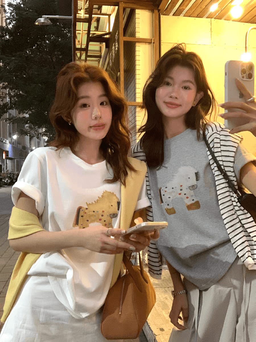 200그램 귀신 장난기 넘치는 작은 말 프린트 연령 감소 루즈핏 반팔 티셔츠 라운드 넥 맨위 여름 상세 이미지 2