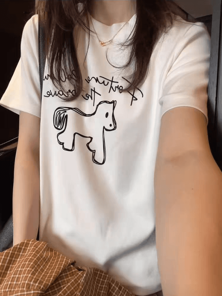 200그램 이른 봄 만화 프린트 반팔 티셔츠 여성 루즈핏 캐주얼 패션 작은 대중 만나는 화이트 맨위 상세 이미지 3