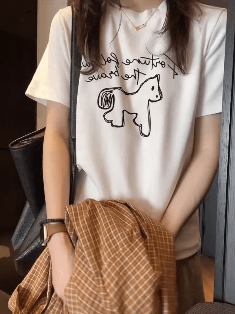 200그램 이른 봄 만화 프린트 반팔 티셔츠 여성 루즈핏 캐주얼 패션 작은 대중 만나는 화이트 맨위 상세 이미지 5