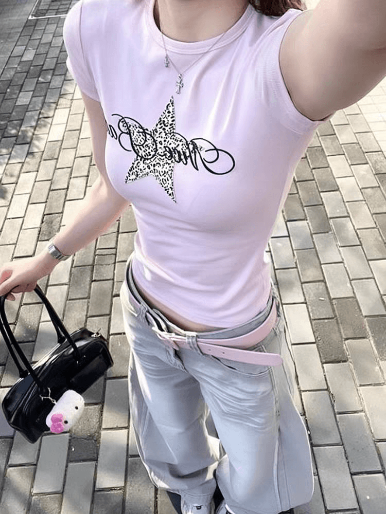 아메리칸 핫걸 핑크색 오각형 별 레오파드 무늬 긍정적 인 어깨 t 반팔 셔츠 여성 여름 순면 몸매 가꾸기 슬림해 보이는 쇼트 스타일 맨위 이미지 2
