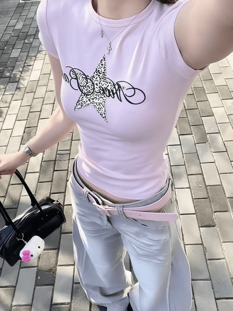 아메리칸 핫걸 핑크색 오각형 별 레오파드 무늬 긍정적 인 어깨 t 반팔 셔츠 여성 여름 순면 몸매 가꾸기 슬림해 보이는 쇼트 스타일 맨위 이미지 4