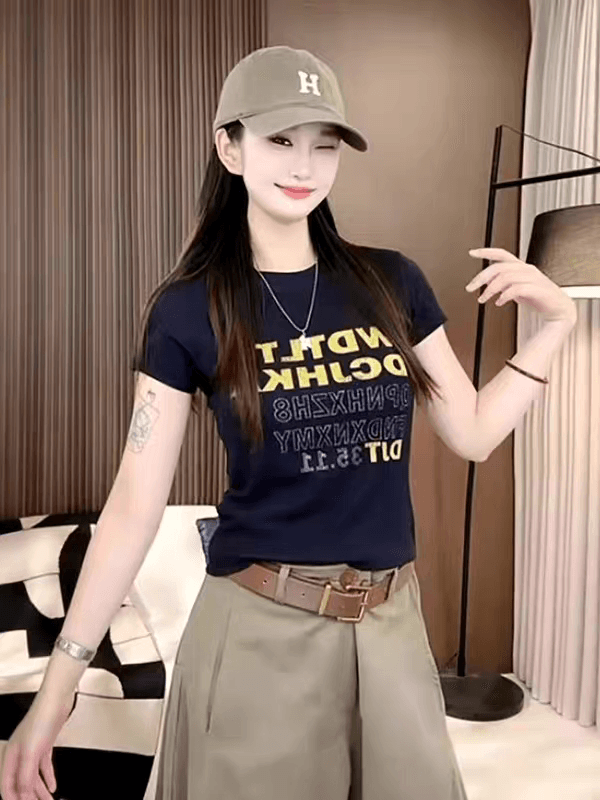 유럽 상품 알파벳 프린트 외국 가스 반팔 티셔츠 여성 2026 여름 새로운 작은 대중 Chic 몸매 가꾸기 슬림해 보이는 맨위 트렌디