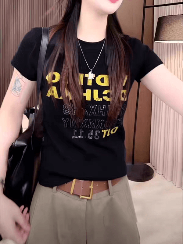 유럽 상품 알파벳 프린트 외국 가스 반팔 티셔츠 여성 2026 여름 새로운 작은 대중 Chic 몸매 가꾸기 슬림해 보이는 맨위 트렌디 상세 이미지 5