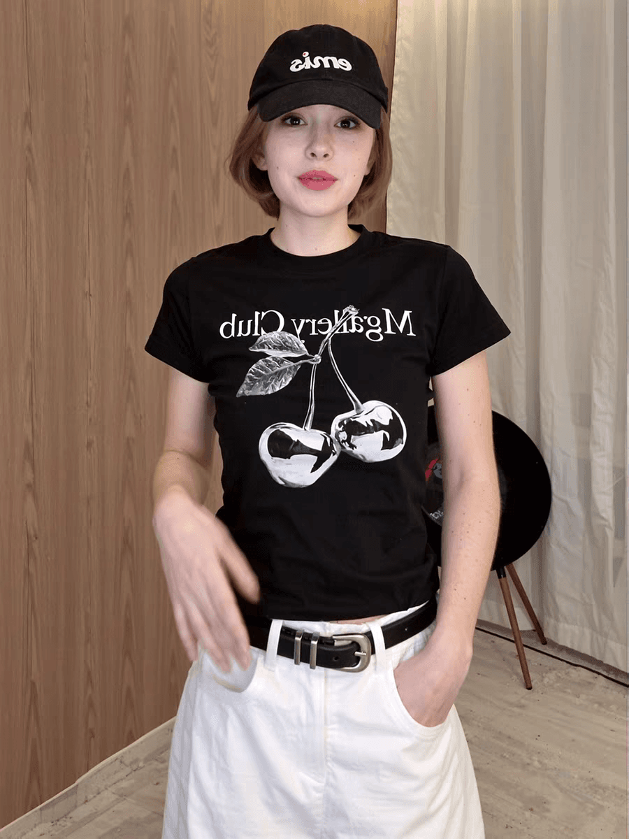 체리 프린트 라운드 넥 몸매 가꾸기 슬림해 보이는 캐주얼 2026 봄 여름 새로운 패션 다용도 작은 키 티셔츠 반팔 상세 이미지 5