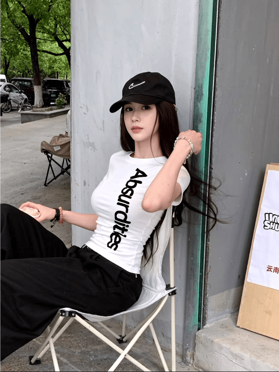 아메리칸 레트로 하이웨이스트 핫걸 쇼트 스타일 몸매 가꾸기 슬림해 보이는 반팔 티셔츠 맨위 알파벳 프린트 다용도 패션 새로운 상세 이미지 5