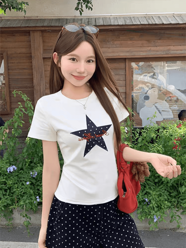 핫걸 바람 도트 무늬 별 프린트 라운드 넥 반팔 티셔츠 여성 여름 몸매 가꾸기 슬림해 보이는 기본 셔츠 맨위 상세 이미지 3
