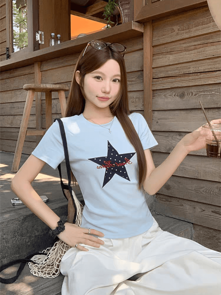 핫걸 바람 도트 무늬 별 프린트 라운드 넥 반팔 티셔츠 여성 여름 몸매 가꾸기 슬림해 보이는 기본 셔츠 맨위 상세 이미지 4