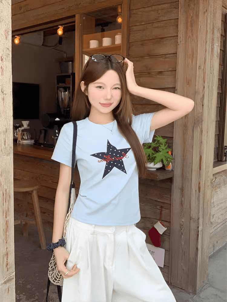 핫걸 바람 도트 무늬 별 프린트 라운드 넥 반팔 티셔츠 여성 여름 몸매 가꾸기 슬림해 보이는 기본 셔츠 맨위 상세 이미지 5