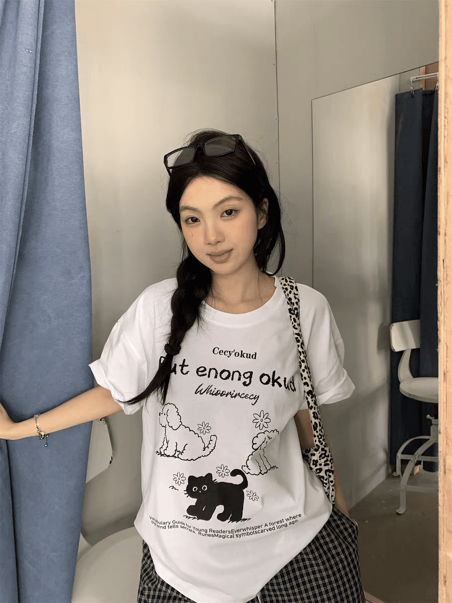 여름 드레스 한 부서 반팔 티셔츠 여성 한국 스타일 루즈핏 빅 사이즈 프린트 이미지 2