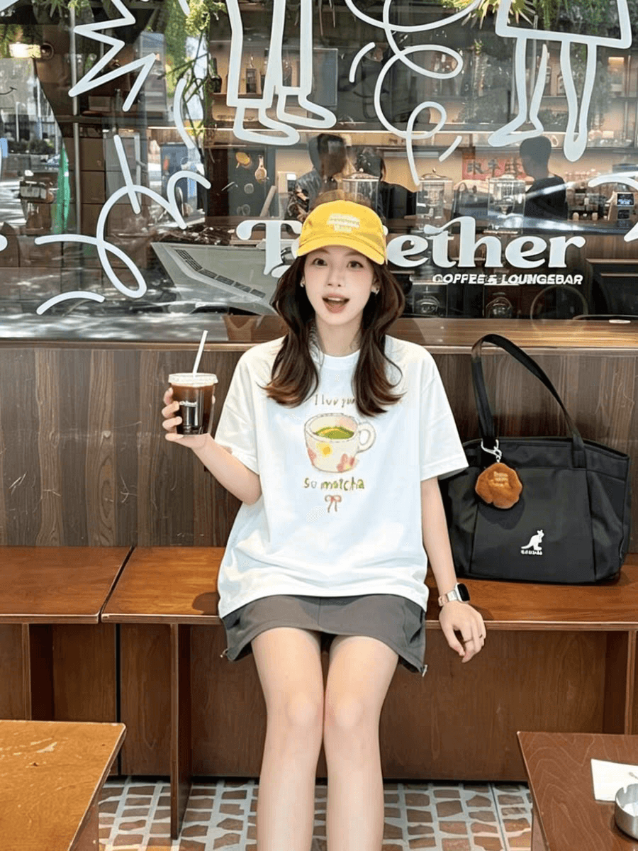 일본식 달콤함 애프터눈 티 알파벳 프린트 반팔 티셔츠 여성 여름 루즈핏 캐주얼 소녀 센스 맨위 이미지 2