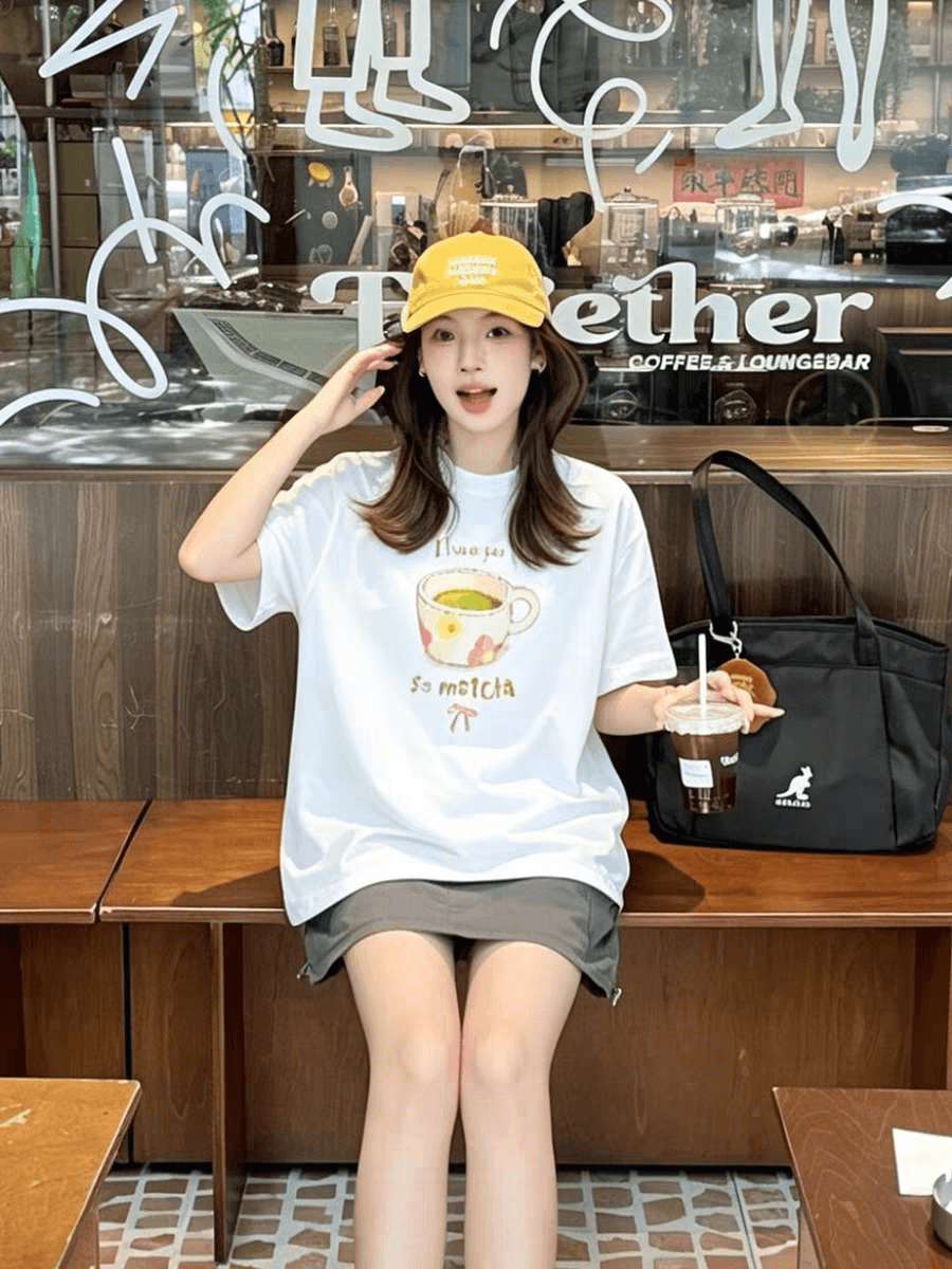 일본식 달콤함 애프터눈 티 알파벳 프린트 반팔 티셔츠 여성 여름 루즈핏 캐주얼 소녀 센스 맨위 이미지 4