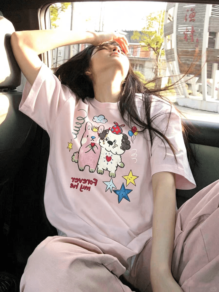 한 부서 강아지 토끼 토끼 만화 프린트 반팔 티셔츠 여성 여름 루즈핏 캐주얼 느긋한 센스 다용도 맨위 상세 이미지 6